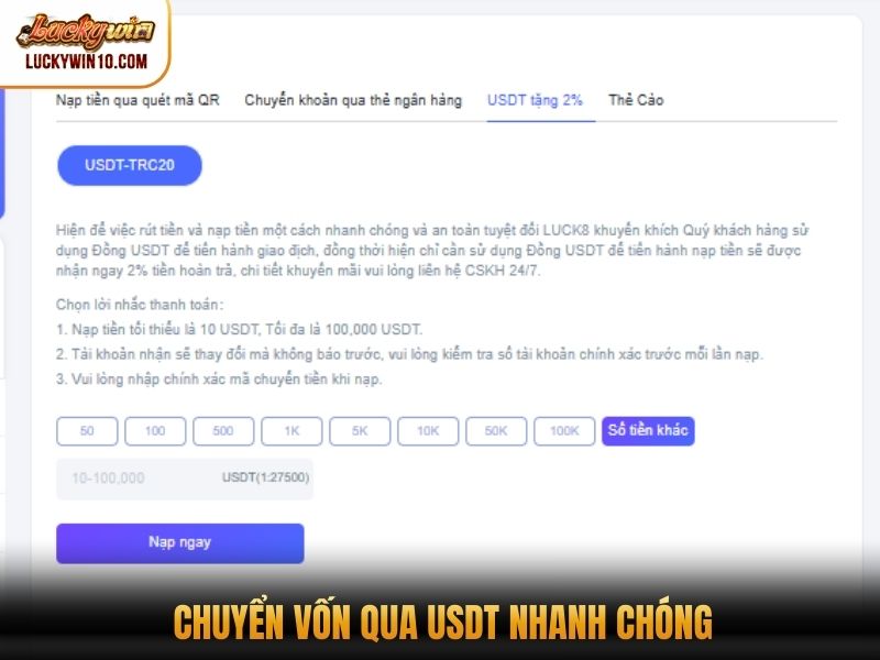 Chuyển vốn qua USDT nhanh chóng